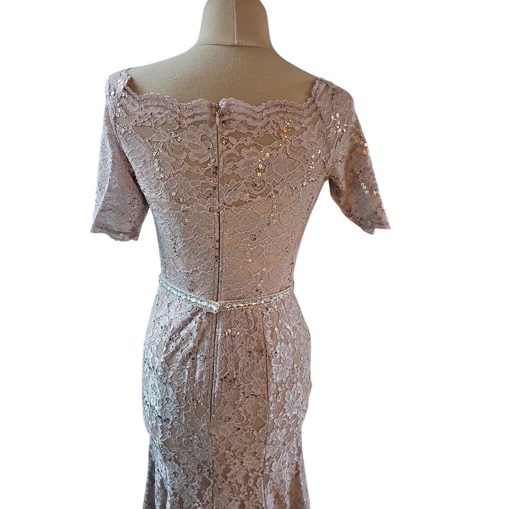 Cindy Collection USA Rose Gold Lace Sequin Mermaid Gown Rhinestone Belt 1638 S - Picture 10 of 13